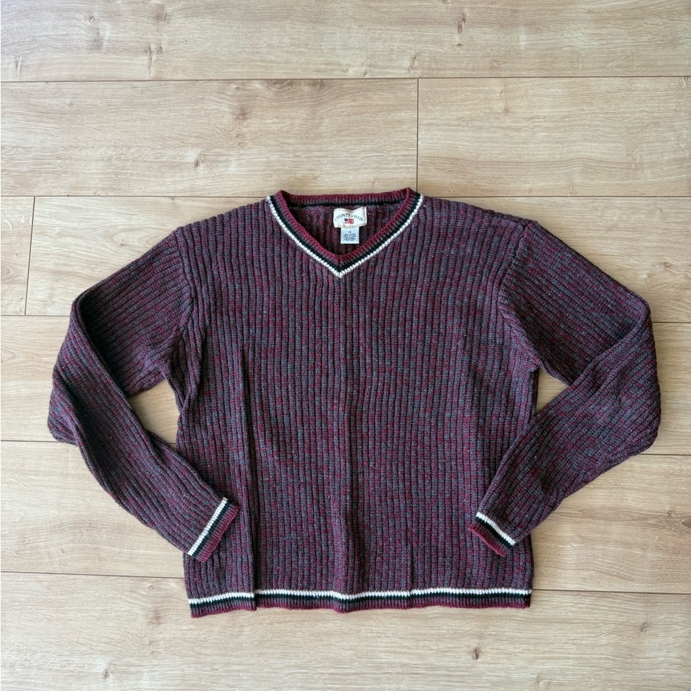 Vintage County Seat Womens Rib Knit Sweater Red Gray V Neck Cotton M 90s